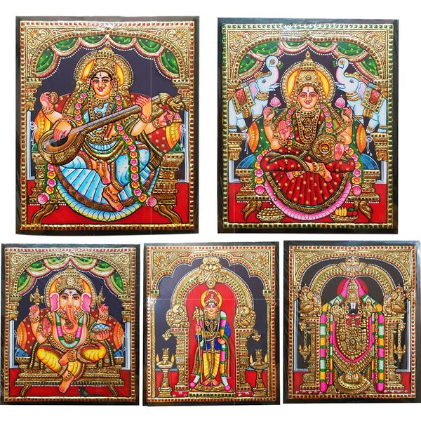 5 God Combo - Lakshmi, Balaji, Ganesha, Saraswathi, Murugan Tanjore Painting - 10x12 Inches