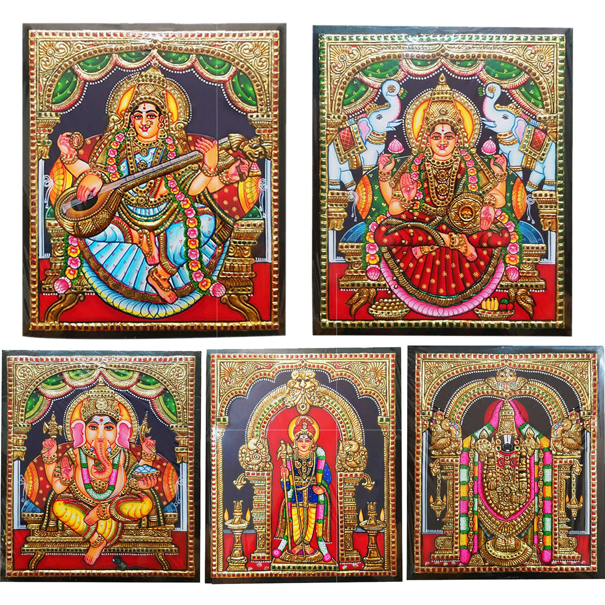 5 God Combo - Lakshmi, Balaji, Ganesha, Saraswathi, Murugan Tanjore Pa ...