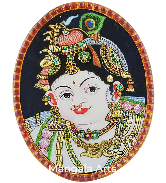 Oval Krishna Tanjore Artwork Box Type With Table Stand