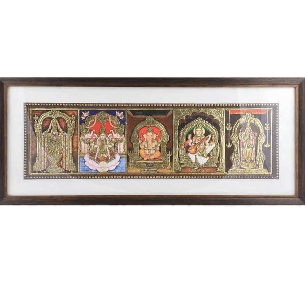 Mangala Art 5 Gods Indian Traditional Tamil Nadu Culture Tanjore Painting - 56x23cms (22"x9")