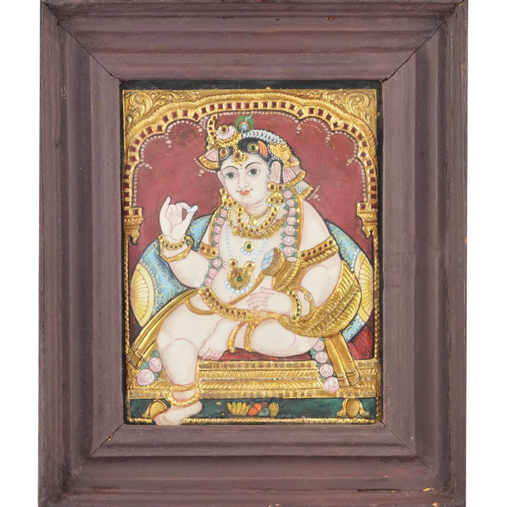 Mangala Art Baby Pot Butter Krishna Indian Traditional Tamil Nadu Culture Tanjore Painting - 32x26cms (12.5"x10.5")