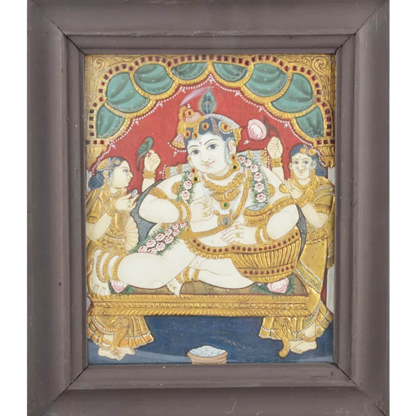 Mangala Art Baby Pot Butter Krishna Indian Traditional Tamil Nadu Culture Tanjore Painting - 32x26cms (12.5"x10.5")