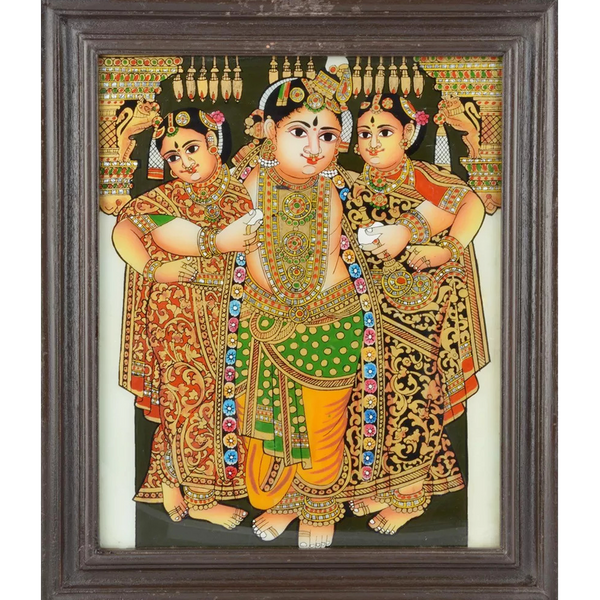 Mangala Art Bama Rukmani Krishna Indian Traditional Tamil Nadu Culture Tanjore Painting - 34x29cms (13.5"x11.5")