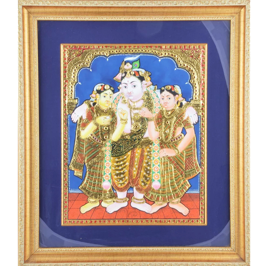 Mangala Art Bama Rukmani Krishna Indian Traditional Tamil Nadu Culture Tanjore Painting - 45x53cms (18"x21")