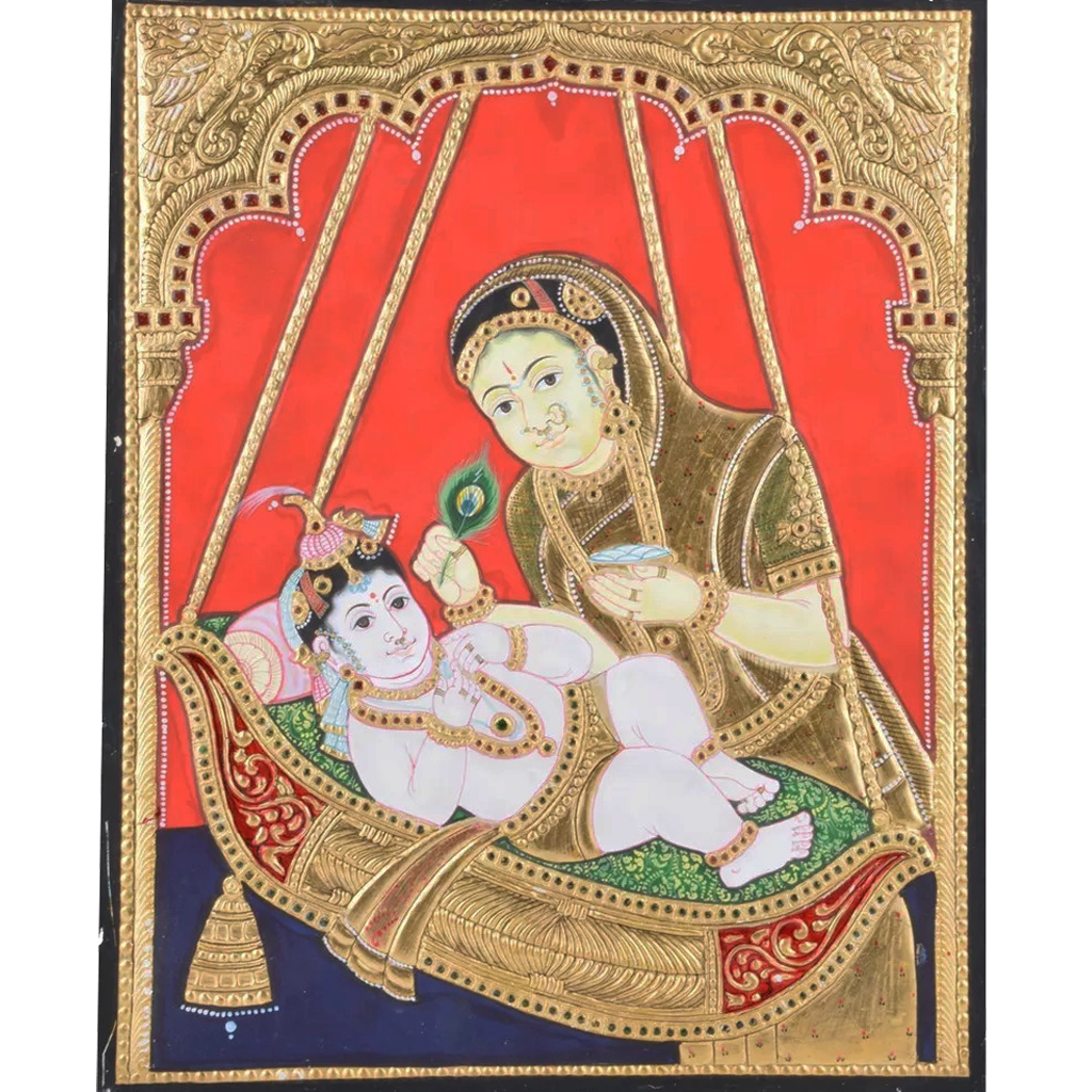 Mangala Art Cradle Krishna Indian Traditional Tamil Nadu Culture Tanjore Without Frame Painting - 38x30cms (15"x12")