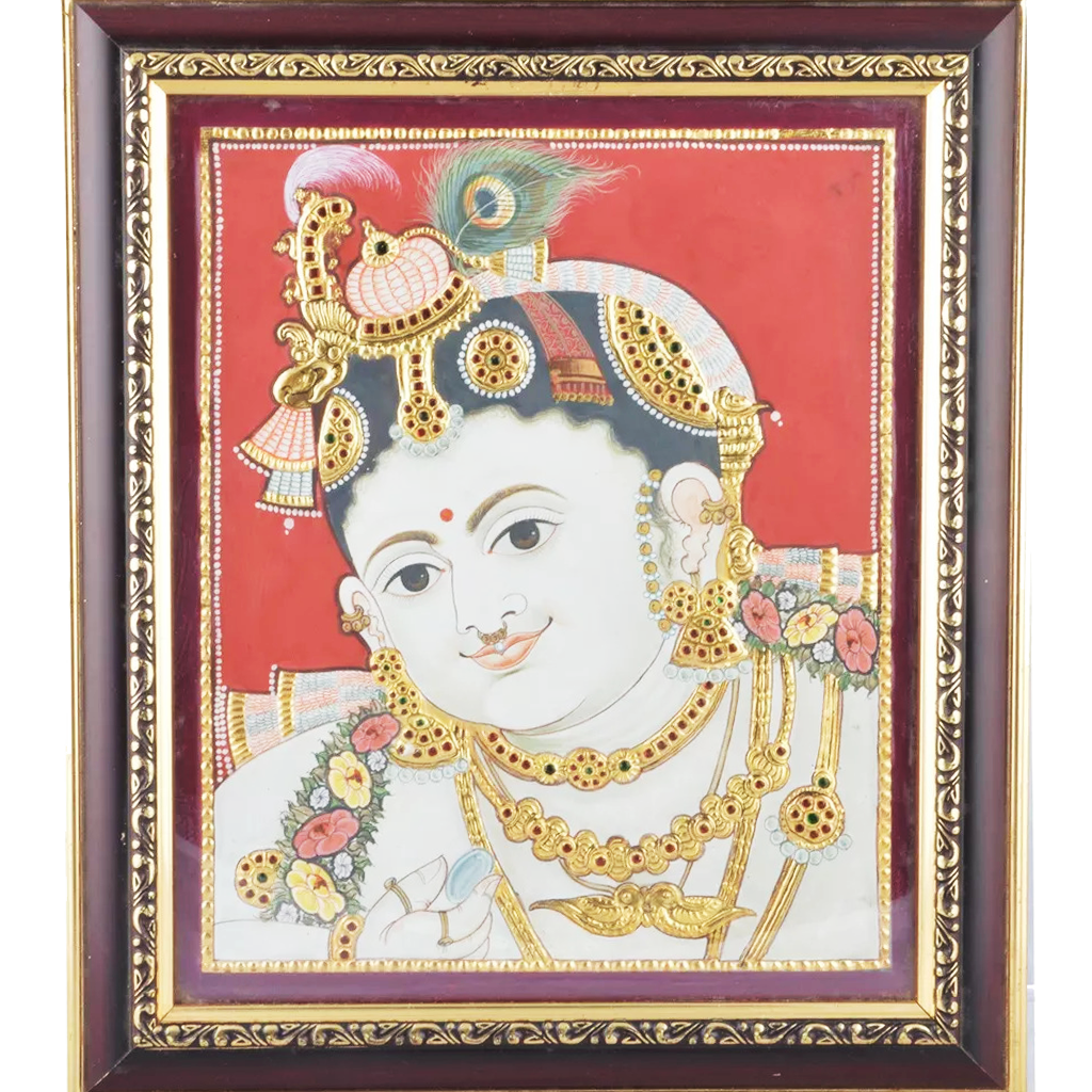 Mangala Art Face Krishna Indian Traditional Tamil Nadu Culture Tanjore Painting - 38x30cms (15"x12")
