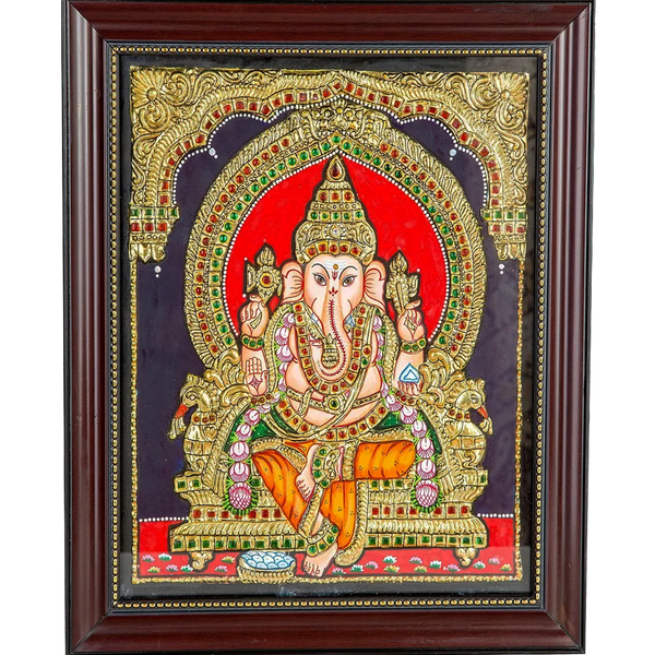 Standing Panchmukhi Lord Ganesha Tanjore Painting l Traditional Colors with  24 Karat Gold l With Frame  Exotic India Art