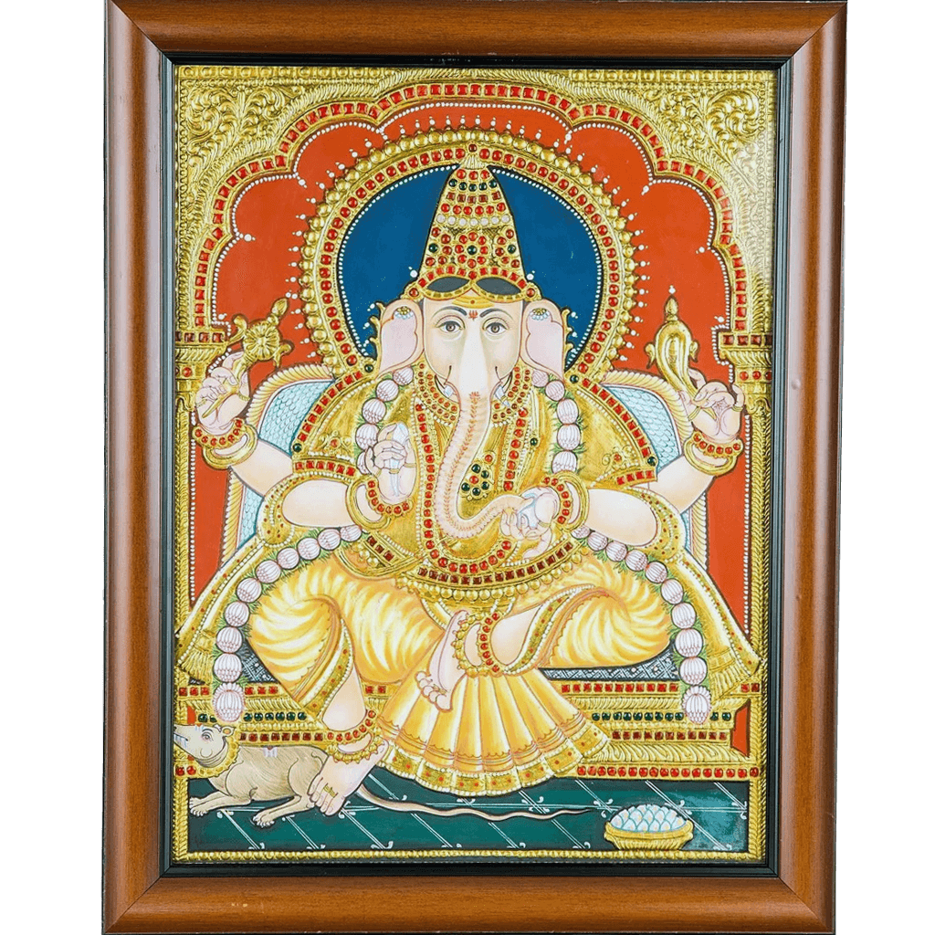 Mangala Art Ganesha Indian Traditional Tamil Nadu Culture Tanjore Painting - 40x35cms (16"x14")