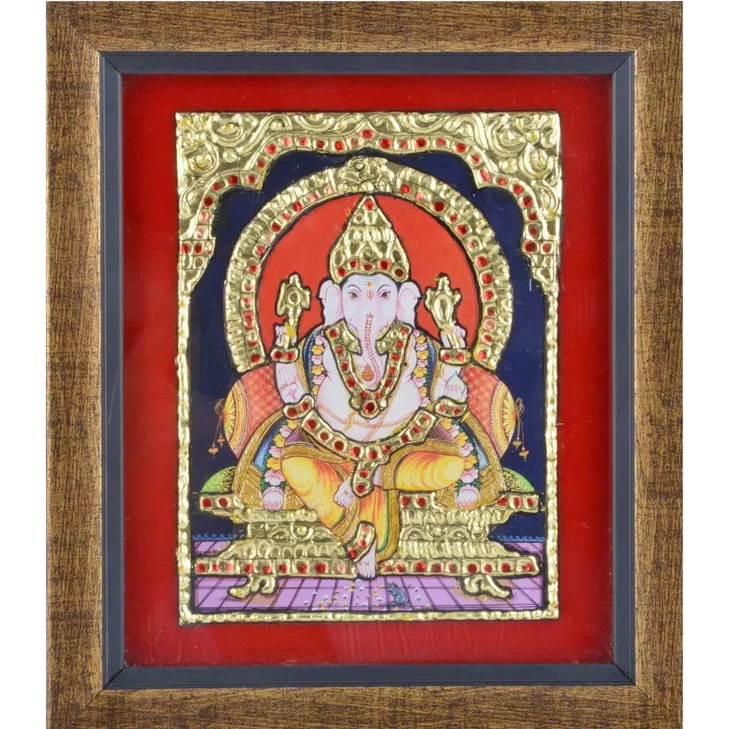 Mangala Art Ganesha Indian Traditional Tamil Nadu Culture Tanjore Painting Without Frame - 17x19cms (6.5"x9.5")