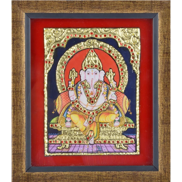 Mangala Art Ganesha Indian Traditional Tamil Nadu Culture Tanjore Painting Without Frame - 17x19cms (6.5"x9.5")