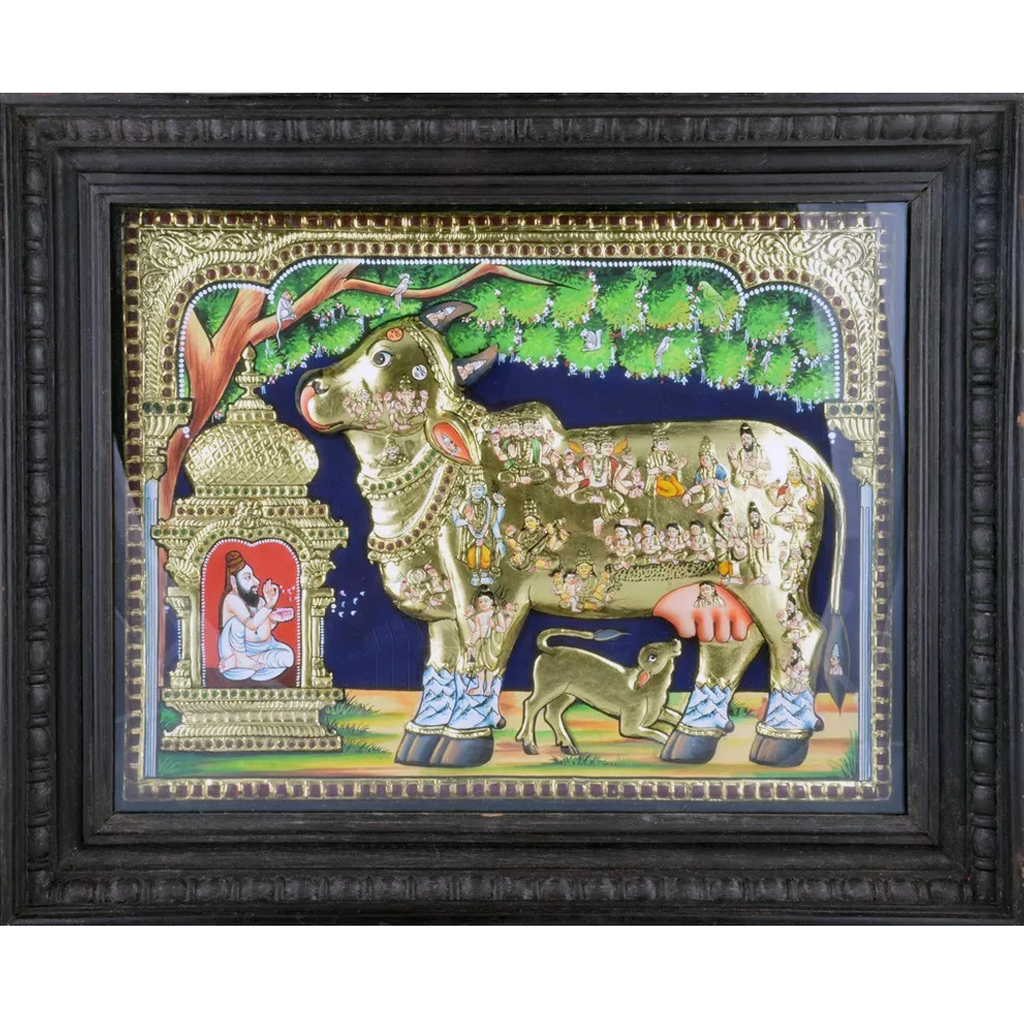 Mangala Art Kamadhenu Indian Traditional Tamil Nadu Culture Tanjore Painting with 3D Embossment - 38x30cms (15"x12")