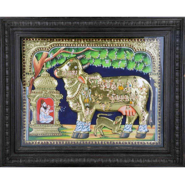 Mangala Art Kamadhenu Indian Traditional Tamil Nadu Culture Tanjore Painting with 3D Embossment - 38x30cms (15"x12")