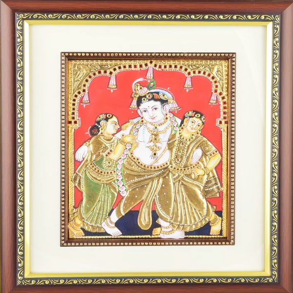 Mangala Art Krishna with Bama Rukmani Indian Traditional Tamil Nadu Culture Tanjore Painting - 20x25cms (8"x10")