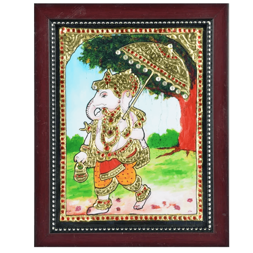 Mangala Art Maapillai Vinayagar Indian Traditional Tamil Nadu Culture Tanjore Acrylic Base Painting -23x19cms (9"x7.5")