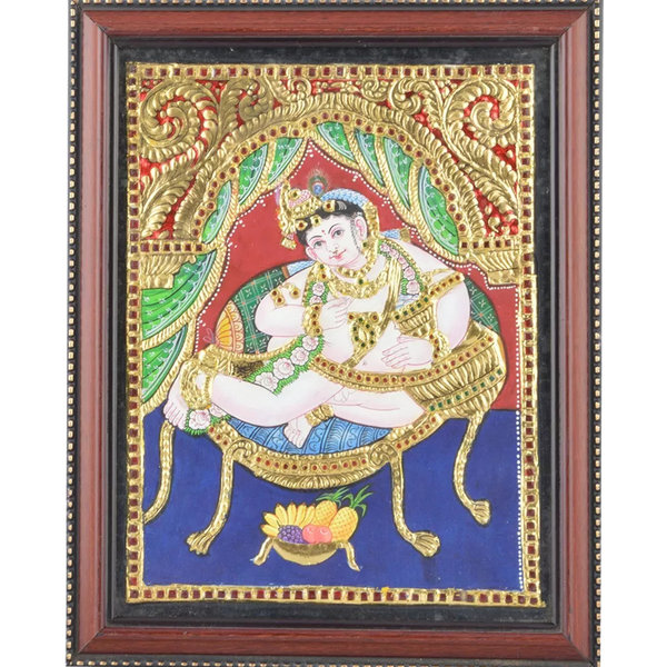Mangala Art Oonjal Krishna Indian Traditional Tamil Nadu Culture Tanjore Painting - 20x25cms (8"x10")