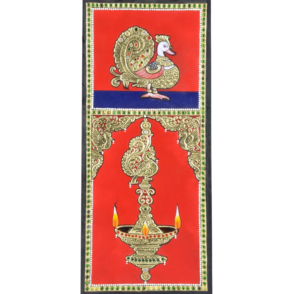 Mangala Art Peacock Indian Traditional Tamil Nadu Culture Tanjore Painting - 30x15cms (12"x6")