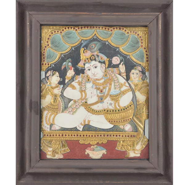 Mangala Art Pot Butter Krishna Indian Traditional Tamil Nadu Culture Tanjore Painting - 32x26cms (12.5"x10.5")