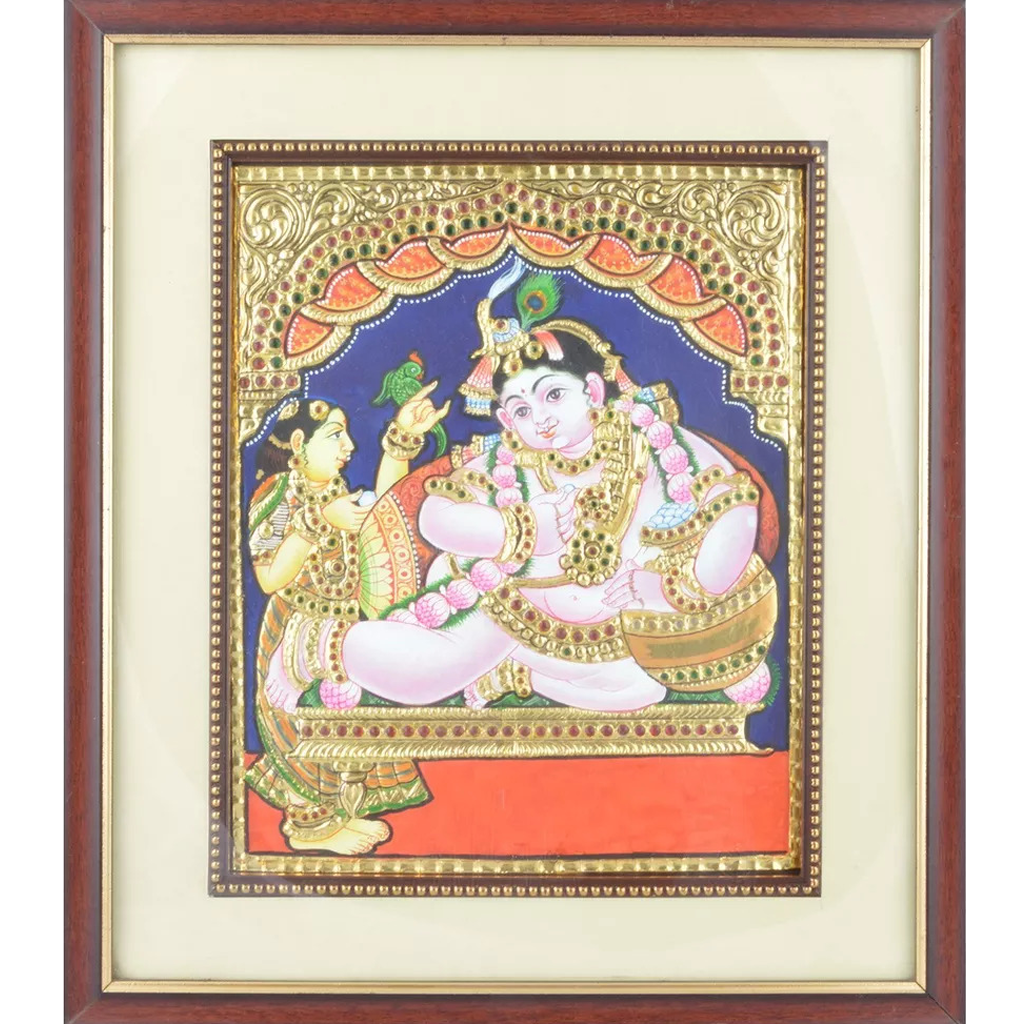 Mangala Art Pot Butter Krishna Indian Traditional Tamil Nadu Culture Tanjore Painting - 43x35cms (17"x14")