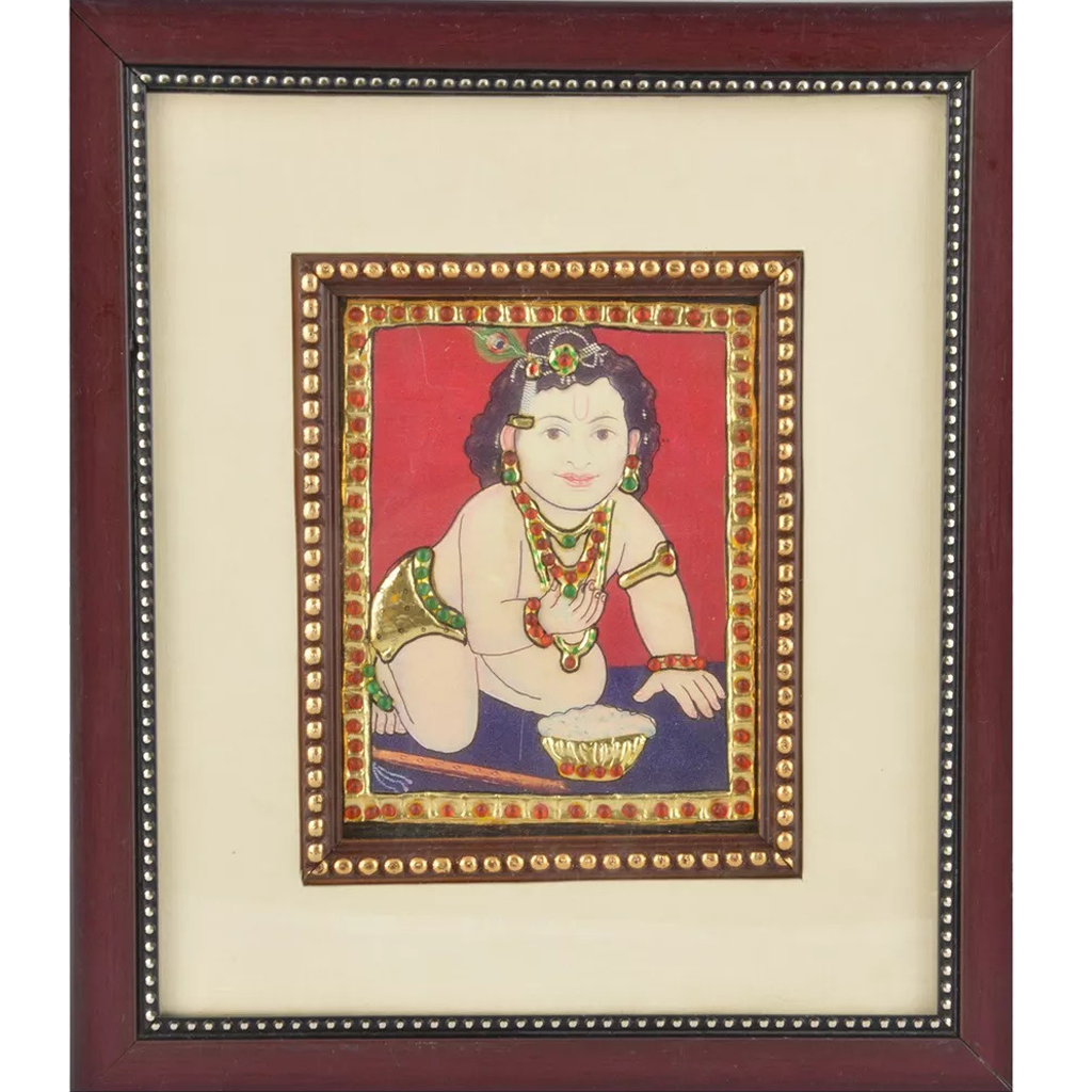 Mangala Art Pot Krishna Indian Traditional Tamil Nadu Culture Tanjore Painting - 19x21cms (7.5"x8.5")