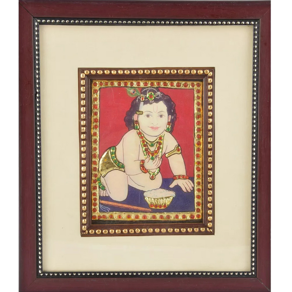 Mangala Art Pot Krishna Indian Traditional Tamil Nadu Culture Tanjore Painting - 19x21cms (7.5"x8.5")