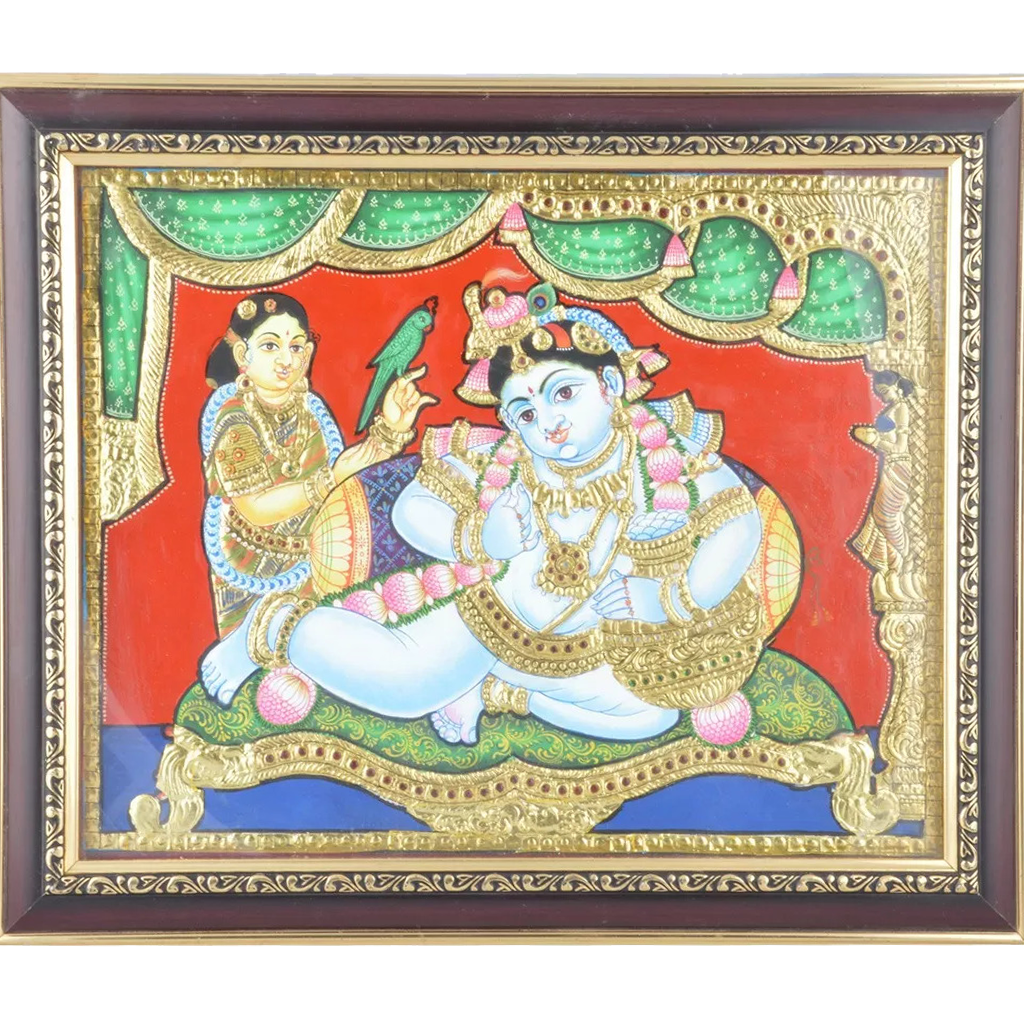 Mangala Art Pot Krishna Indian Traditional Tamil Nadu Culture Tanjore Painting - 38x30cms (15"x12")