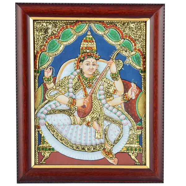 Mangala Art Saraswathi Indian Traditional Tamil Nadu Culture Acrylic Base Tanjore Painting - 20x25cms (8"x10")