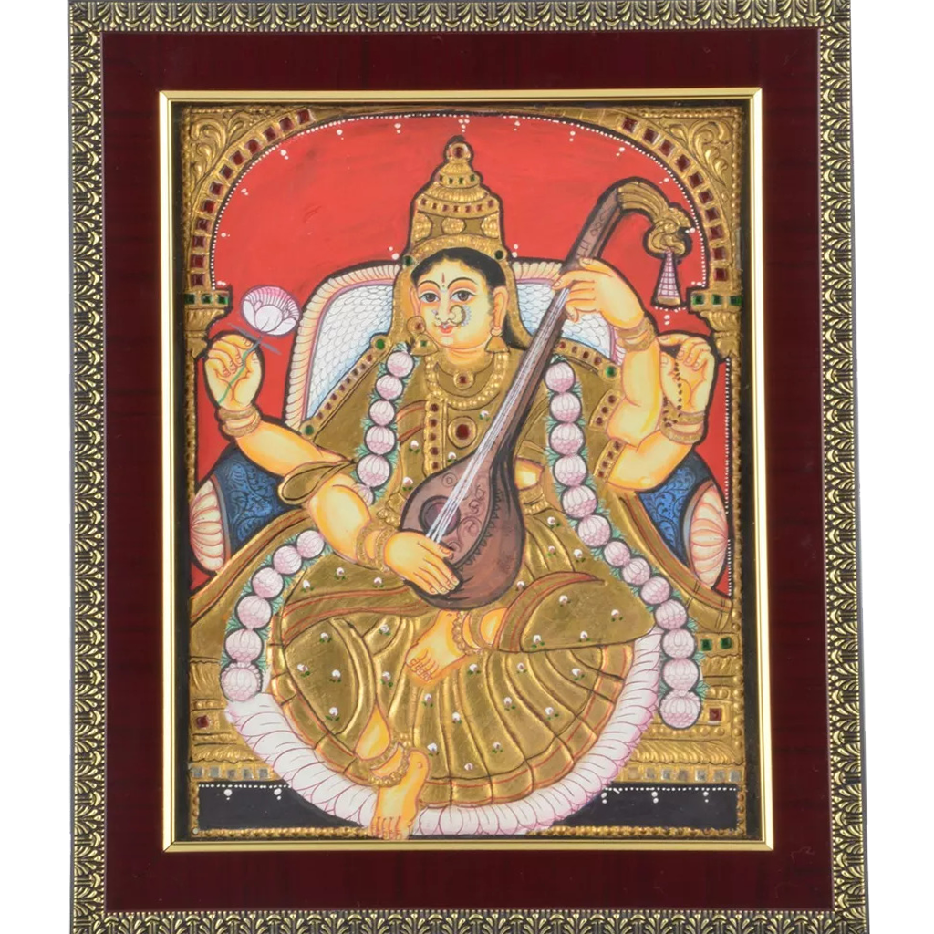 Mangala Art Saraswathi Indian Traditional Tamil Nadu Culture Tanjore Antique Finish Painting - 20x25cms (8x10)