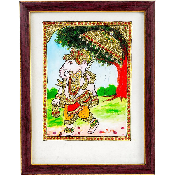 Mangala Art Umberlla ganesha Indian Traditional Tamil Nadu Culture Tanjore Acrylic Base Painting - 20x15cms (8"x6")