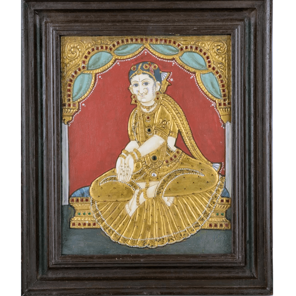 Mangala Art Welcome Girl Indian Traditional Tamil Nadu Culture Tanjore Painting - 32x26cms (12.5"x10.5")